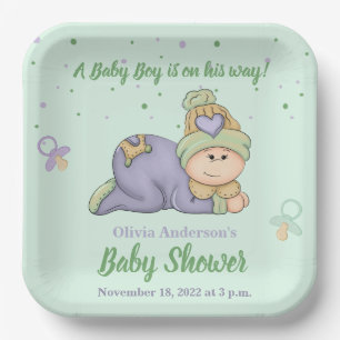 Snuggle Baby Boy - Green & Purple Baby Shower Paper Plate