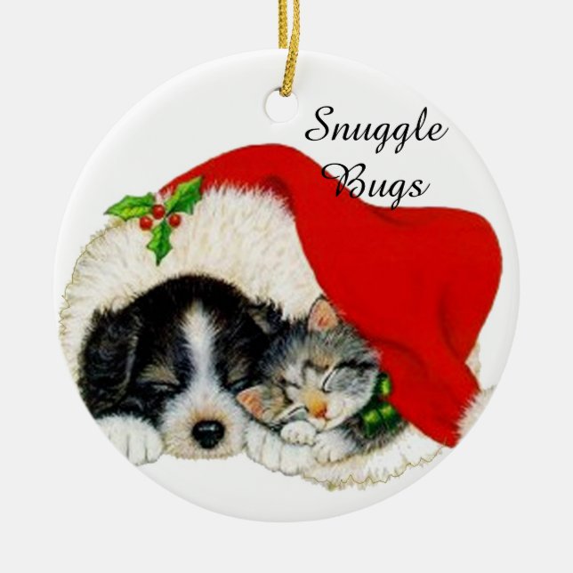 Snuggle Buddies Cat and Dog Christmas Ornament (Front)