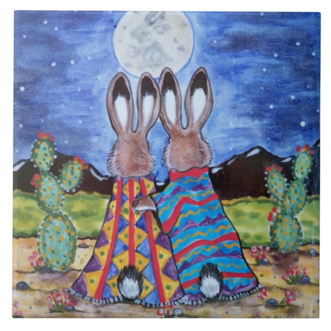 "Snuggle Bunnies" 6" tile/trivet; romantic rabbits Ceramic Tile (Front)