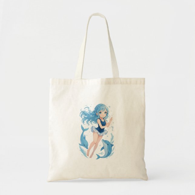 Snuggle Pup Kawaii dolphin girl tote bag (Front)