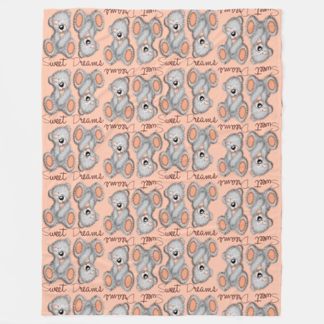 Snuggle Sweet Dreams Teddy-peach-yellow Fleece Blanket (Front)