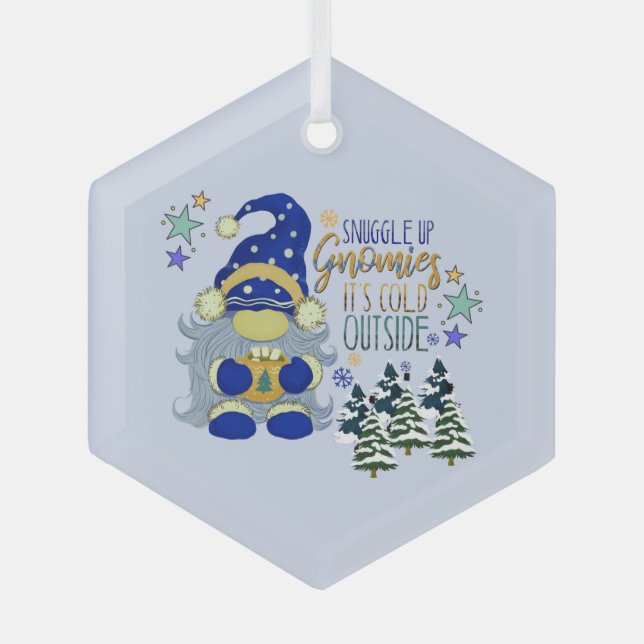 Snuggle Up Gnomies Winter Holiday Glass Tree Decoration (Front)