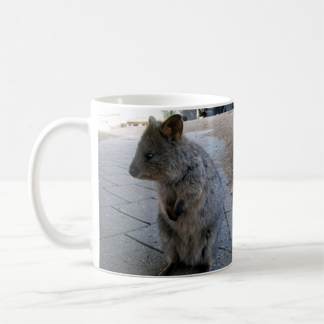 "Snuggles in Australia: A Cuddly Grey Quokka" Coffee Mug (Left)