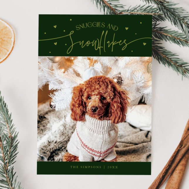 Snuggles & Snowflakes Dog Photo Green Christmas  Holiday Card (Creator Uploaded)