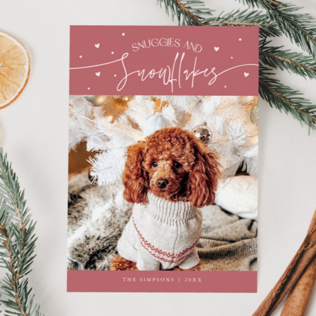 Snuggles & Snowflakes Dog Photo Pink Christmas  Holiday Card (Creator Uploaded)