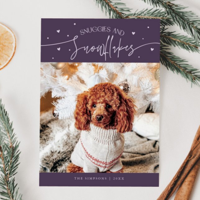Snuggles & Snowflakes Dog Photo Purple Christmas  Holiday Card (Creator Uploaded)