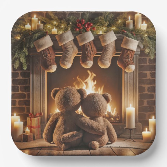 Snuggling Christmas Teddy Bears  Paper Plate (Front)