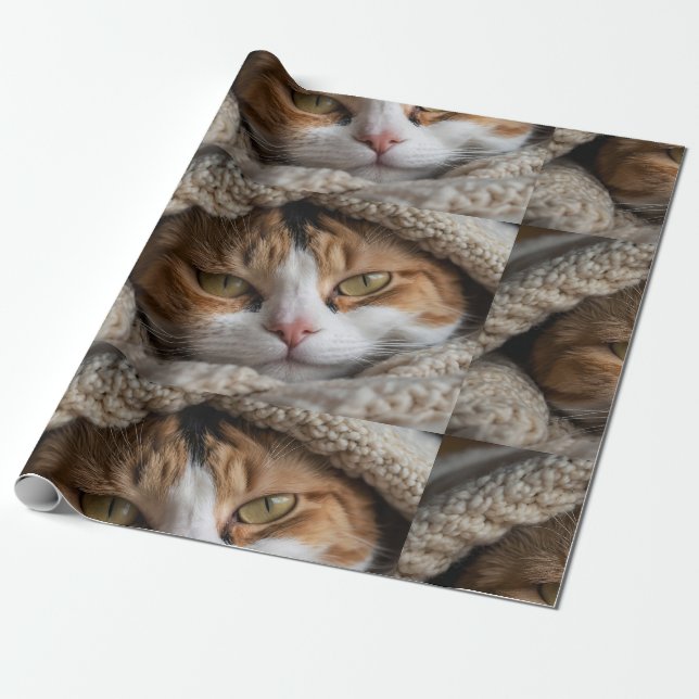 Snuggly Calico Cat and Blanket Wrapping Paper (Unrolled)