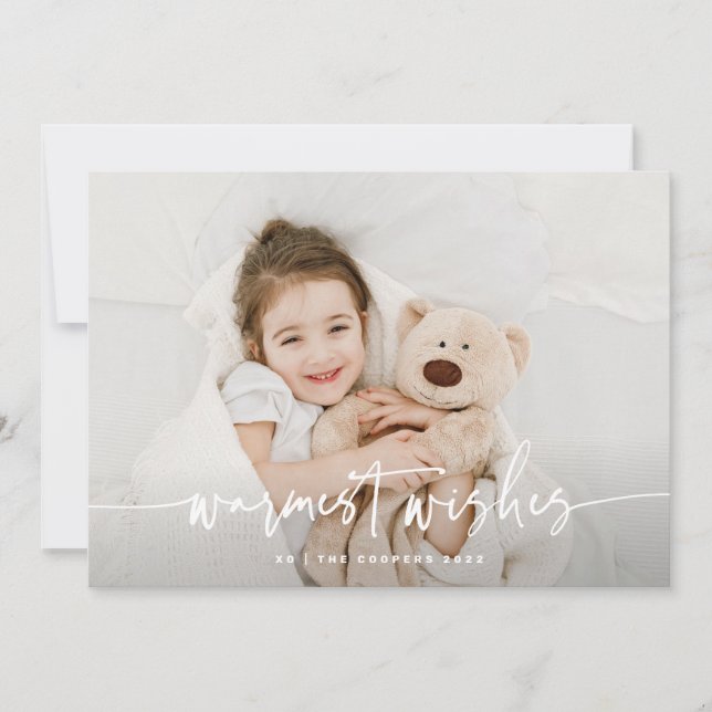 Snuggly Warmest Wishes Script Hugs Holiday Card (Front)