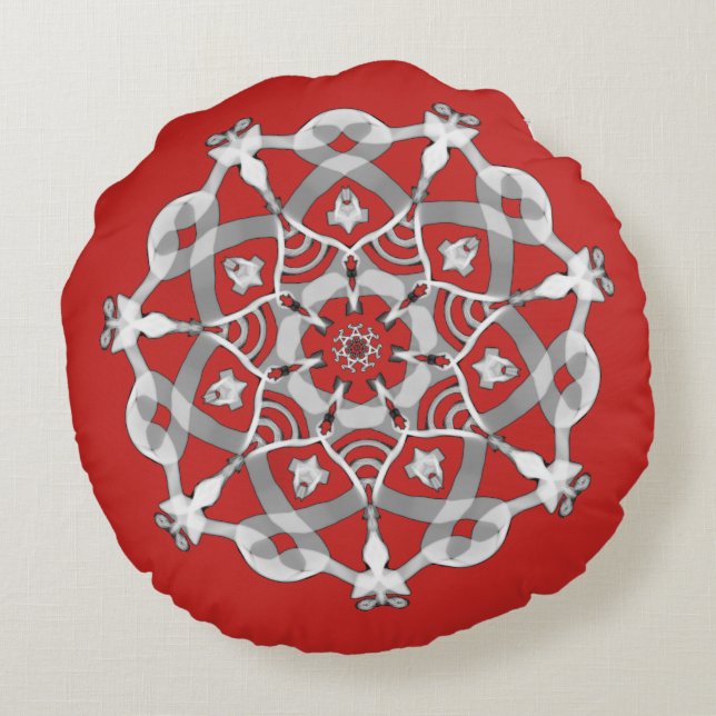 *~* Snugly White & Silver Red Mandala Round Cushion (Back)