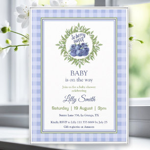 So Berry Sweet Baby Shower Blueberry Blue Plaid Invitation