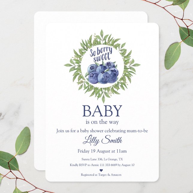 So berry sweet Baby Shower Invitation blueberries (Blueberry elegant and simple baby shower invitation)