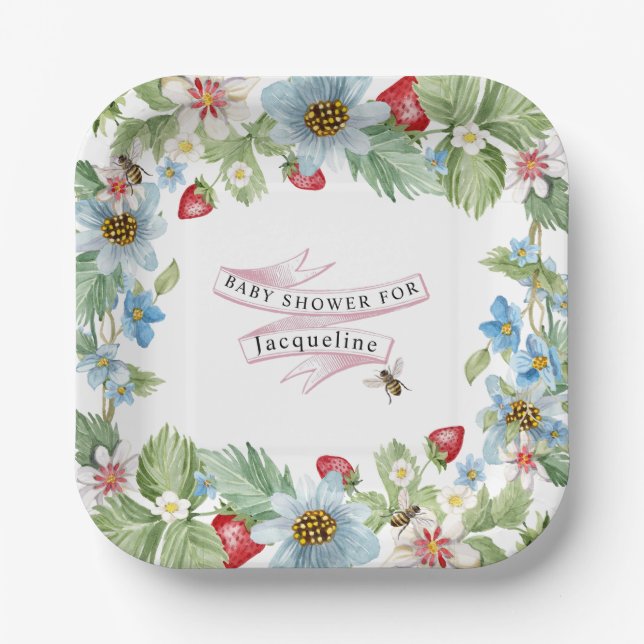 So Berry Sweet Strawberry Baby Girl to Bee Shower Paper Plate (Front)