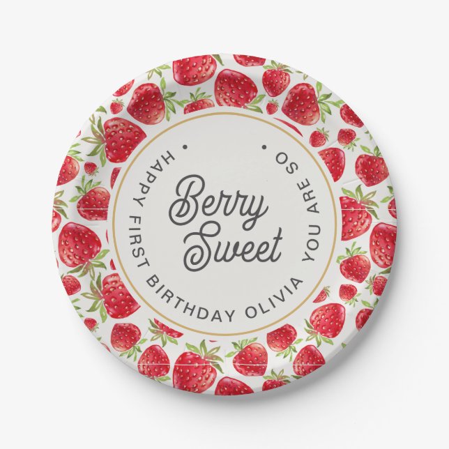 So Berry Sweet Strawberry Pattern Birthday Paper Plate (Front)