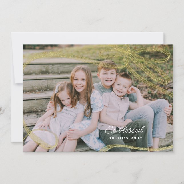 So Blessed Gold Script Bow Holiday Photo Card (Front)
