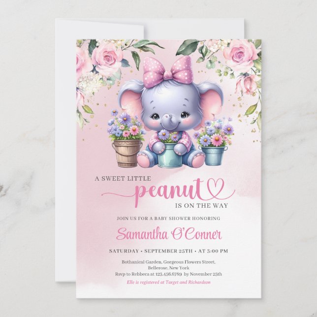 So cute elephant little peanut pastel pink floral invitation (Front)
