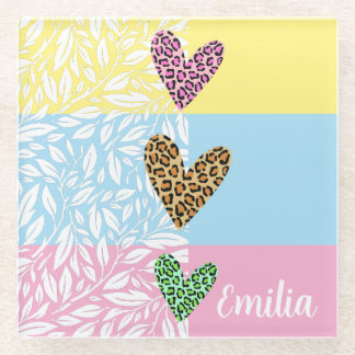 So cute hearts with floral pattern Pink Yellow Glass Coaster