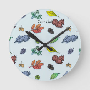 So Cute Woodland Animals Autumn Floral Round Clock