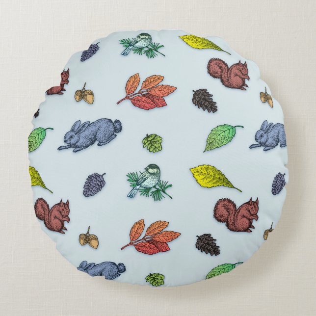 So Cute Woodland Animals Autumn Floral Round Cushion (Front)