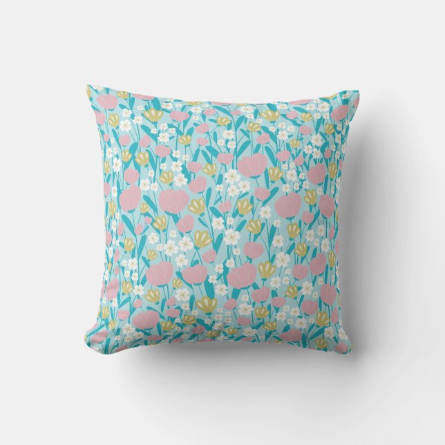 So Cutie 60s Pink and Blue Flower Pattern Cushion (Front)