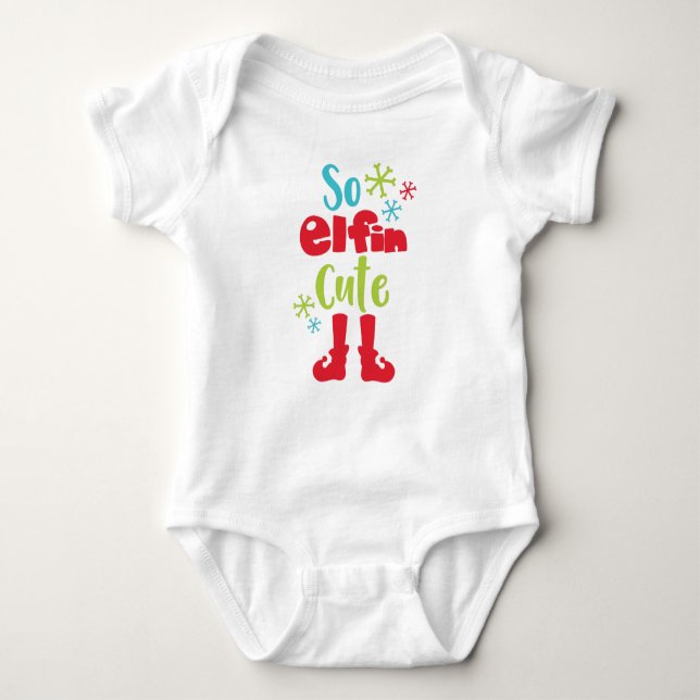 So Elfin Cute, Elf Shoes, Snowflakes, Christmas Baby Bodysuit (Front)