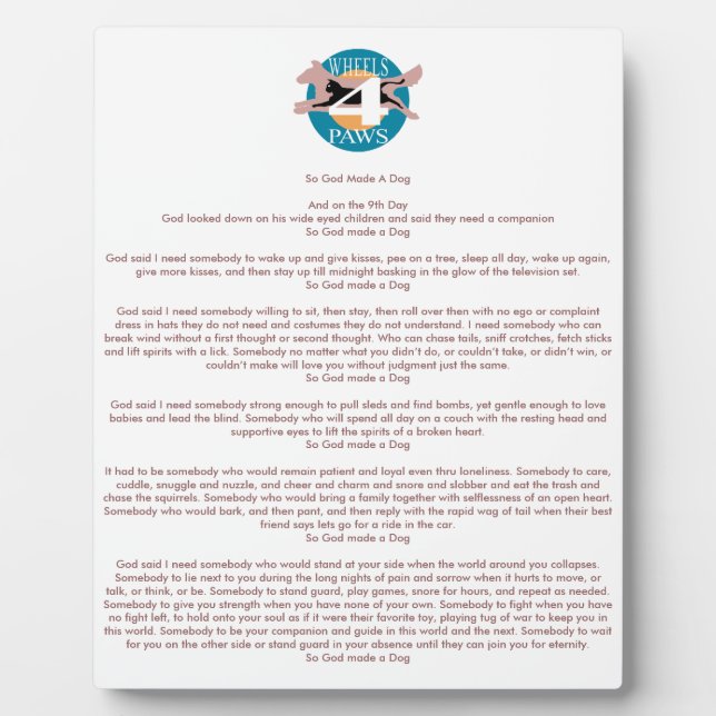 "So God Made A Dog" complains Plaque (Front)