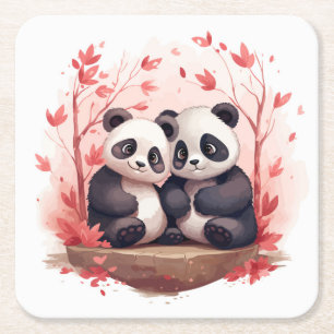 So Happy Together Panda pair  Square Paper Coaster