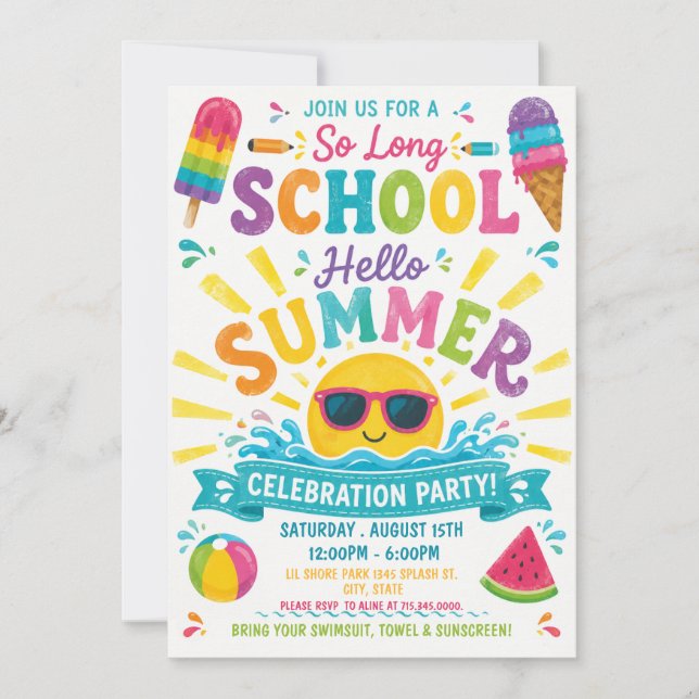 So Long School Hello Summer Colourful Pool Party  Invitation (Front)