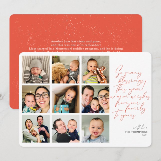 So Many Blessings Year in Review Photo Collage Red Holiday Card (Front/Back)