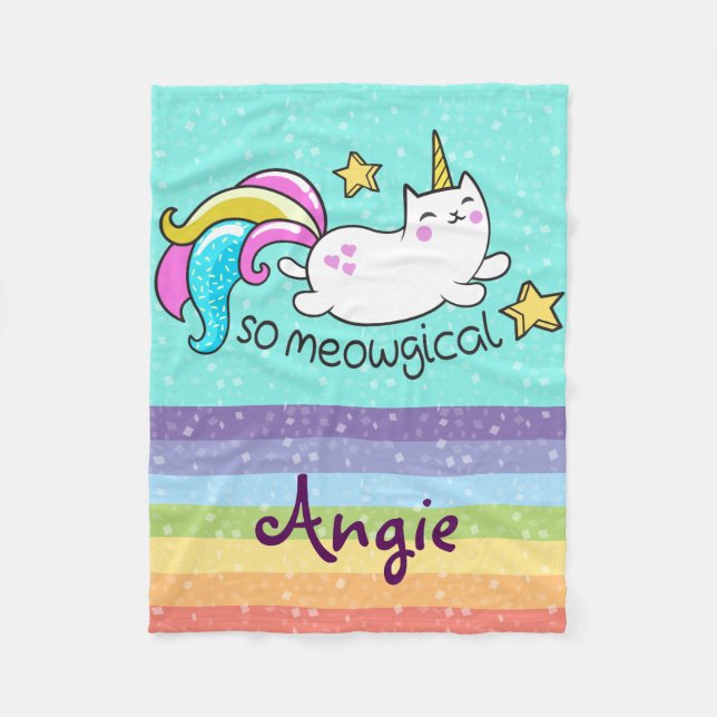 So Meowgical Cute Unicorn kitty glitter sparkles Fleece Blanket (Front)
