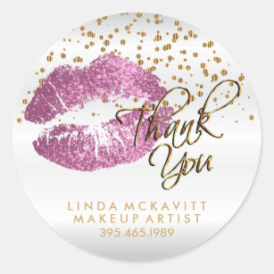 So Pink Glitter Lipstick on White - Thank You Classic Round Sticker