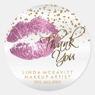 So Pink Glitter Lipstick on White - Thank You Classic Round Sticker