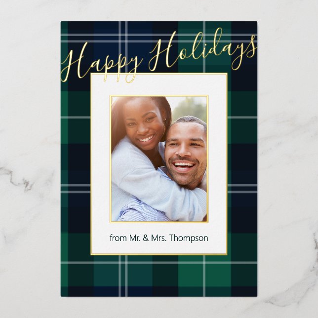 So Plaid Photo Frame Happy Holidays Foil Holiday Card (Front)