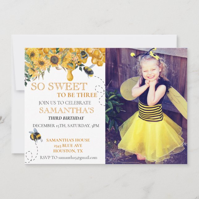 So Sweet Bee Honey Birthday Photo Party  Invitation (Front)