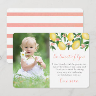 So Sweet Of You Lemons Girl Birthday Party Picture Thank You Card