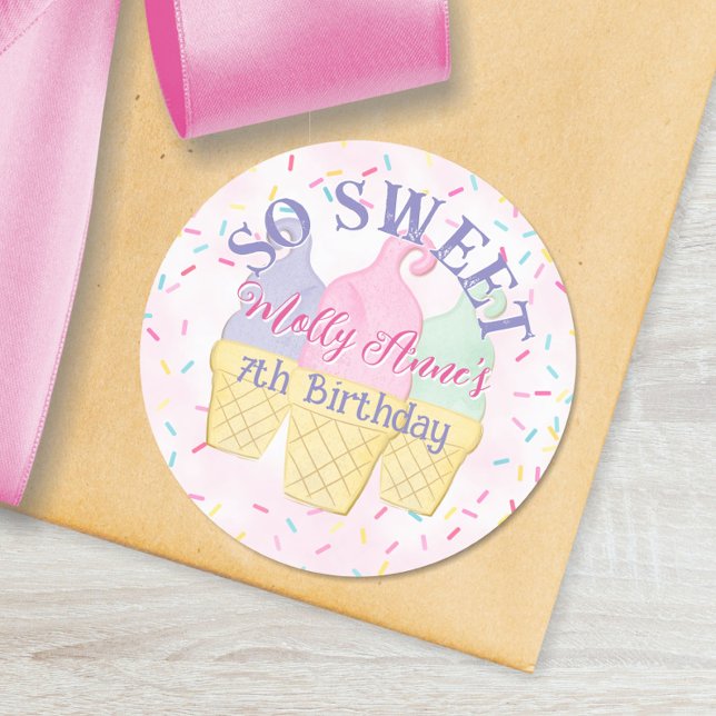 So Sweet Pink Ice Cream Party Birthday Girl Classic Round Sticker (Creator Uploaded)