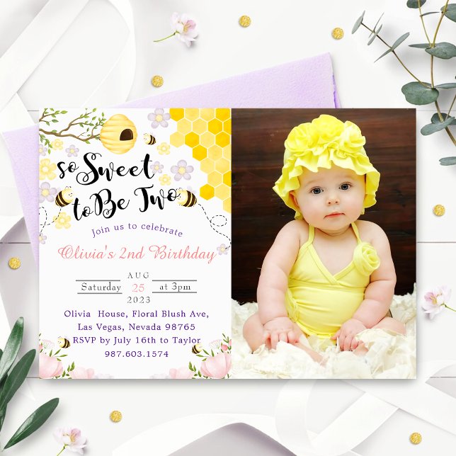So Sweet To Be Two 2nd Birthday Photo Invitation (Creator Uploaded)