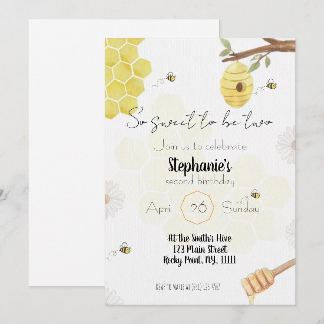so sweet to be two- bee edit birthday invitation (Front/Back)