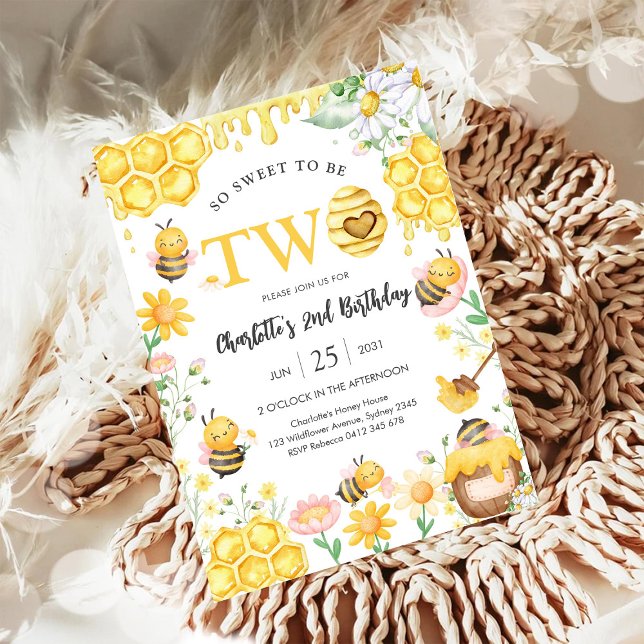 So Sweet To Be Two Honey Bee 2nd Birthday Invitation (Creator Uploaded)