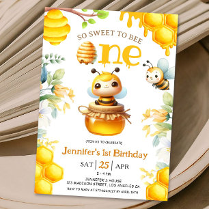 So Sweet To Bee One! 1st Birthday Girl Cute Bee Invitation