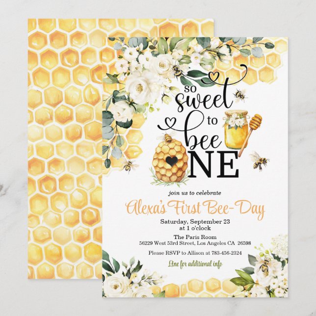 So Sweet to Bee One 1st Birthday Invitation (Front/Back)