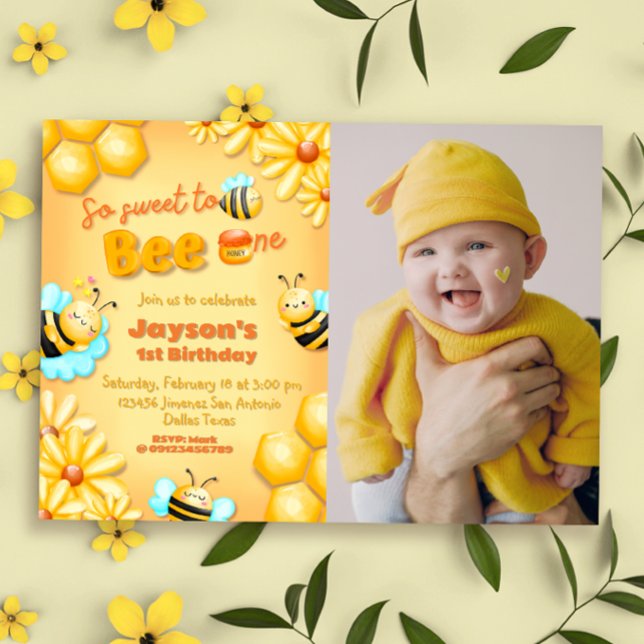 So Sweet to Bee One - 1st Birthday with Photo Invitation (So Sweet to Bee One - 1st Birthday with Photo Landscape Invitation)