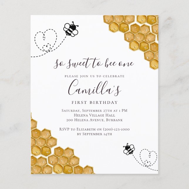 So Sweet to Bee One Budget Birthday Party Invite (Front)