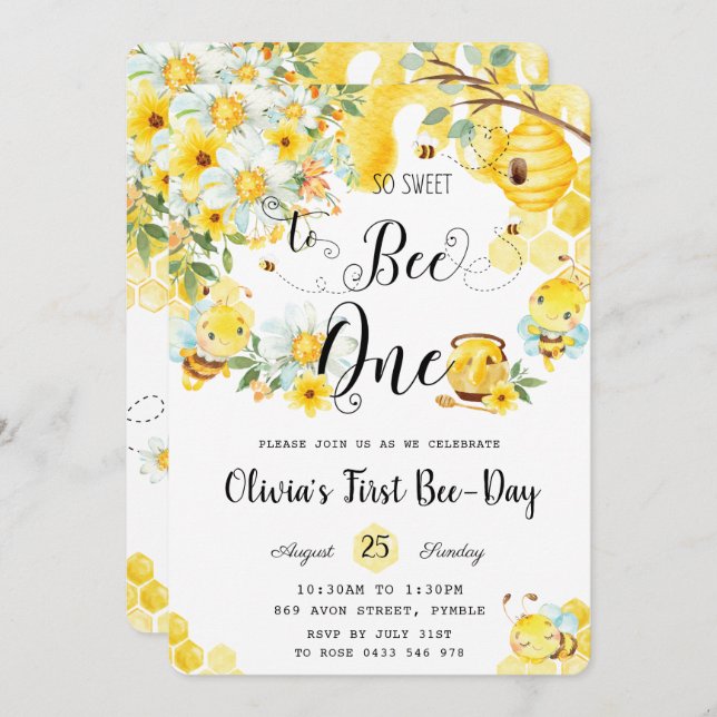 So Sweet to Bee One Cute Bees 1st Birthday   Invitation (Front/Back)