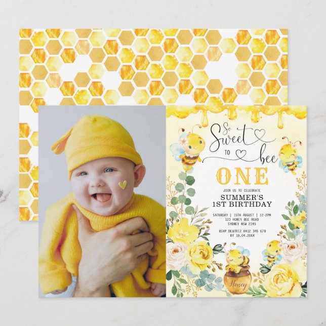 So Sweet to Bee One Honeycomb Birthday Photo Invitation (Front/Back)