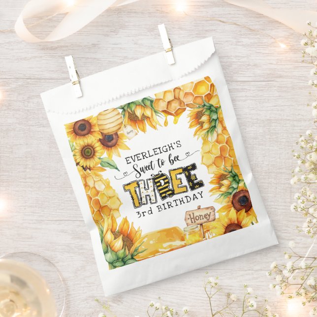 So sweet to bee three floral 3rd birthday  favour bag (Clipped)