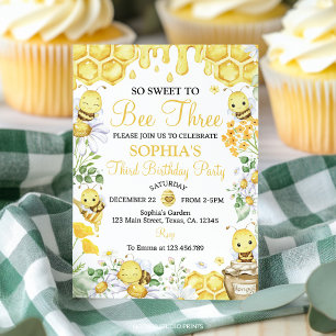 So Sweet To Bee Three Honey Bee Floral Birthday Invitation