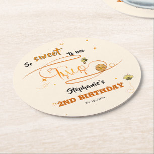 So Sweet To Bee Two Cute Honey Bee 2nd Birthday Round Paper Coaster