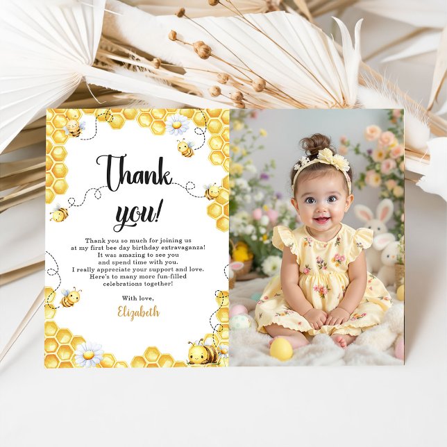 So Sweet To Bee Yellow Birthday Photo Thank You Card (Creator Uploaded)