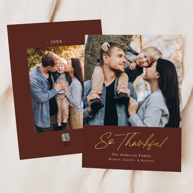 So Thankful Brown 2 Photo Thanksgiving Foil Holiday Card (Creator Uploaded)